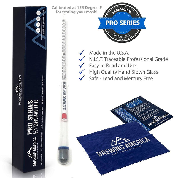 American-Made Beer Mashing Hydrometer Calibrated at 155 Degrees Fahrenheit - Specific Gravity Pro Series Brewing Triple Scale Single Hydrometer Brewing America