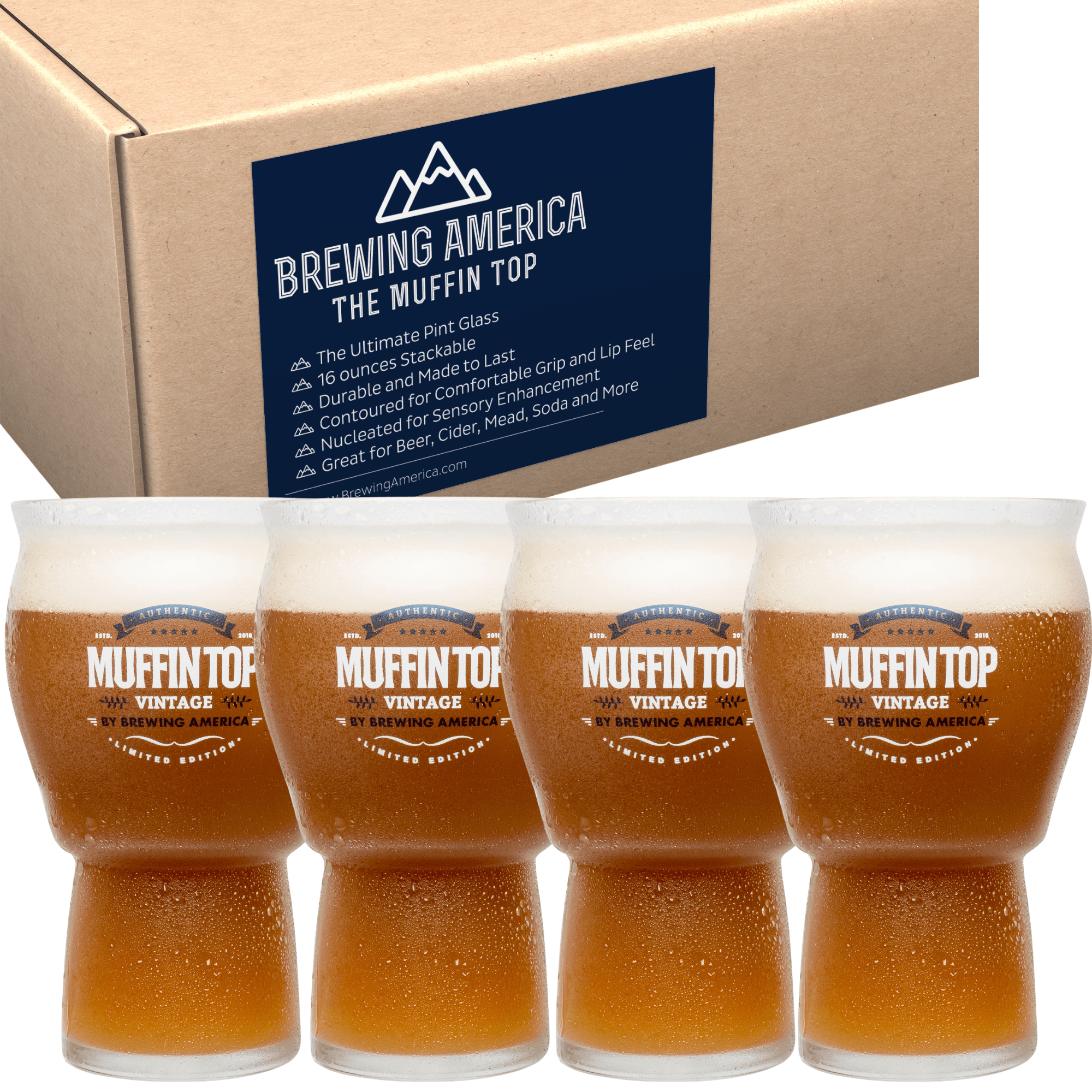 Muffin Top Nucleated Beer Glasses 4-Pack – Better Head & Aroma For Craft Beer