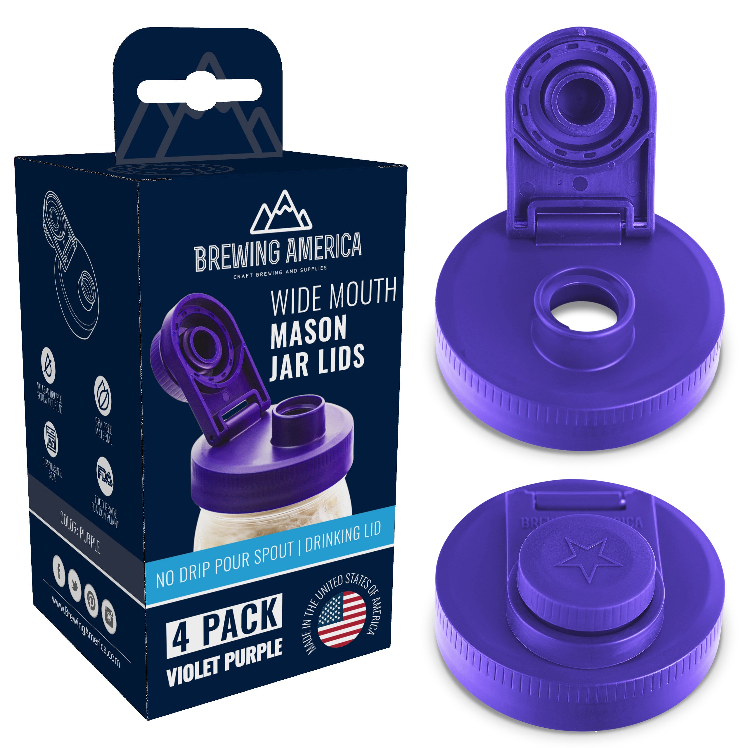 Mason Jar Lids Wide Mouth Plastic 4 Pack Leak Proof with Flip Cap Pouring Spout & Drink Hole Violet Purple Accessories Brewing America