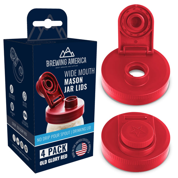 Mason Jar Lids Wide Mouth Plastic 4 Pack Leak Proof with Flip Cap Pouring Spout & Drink Hole Old Glory Red Accessories Brewing America