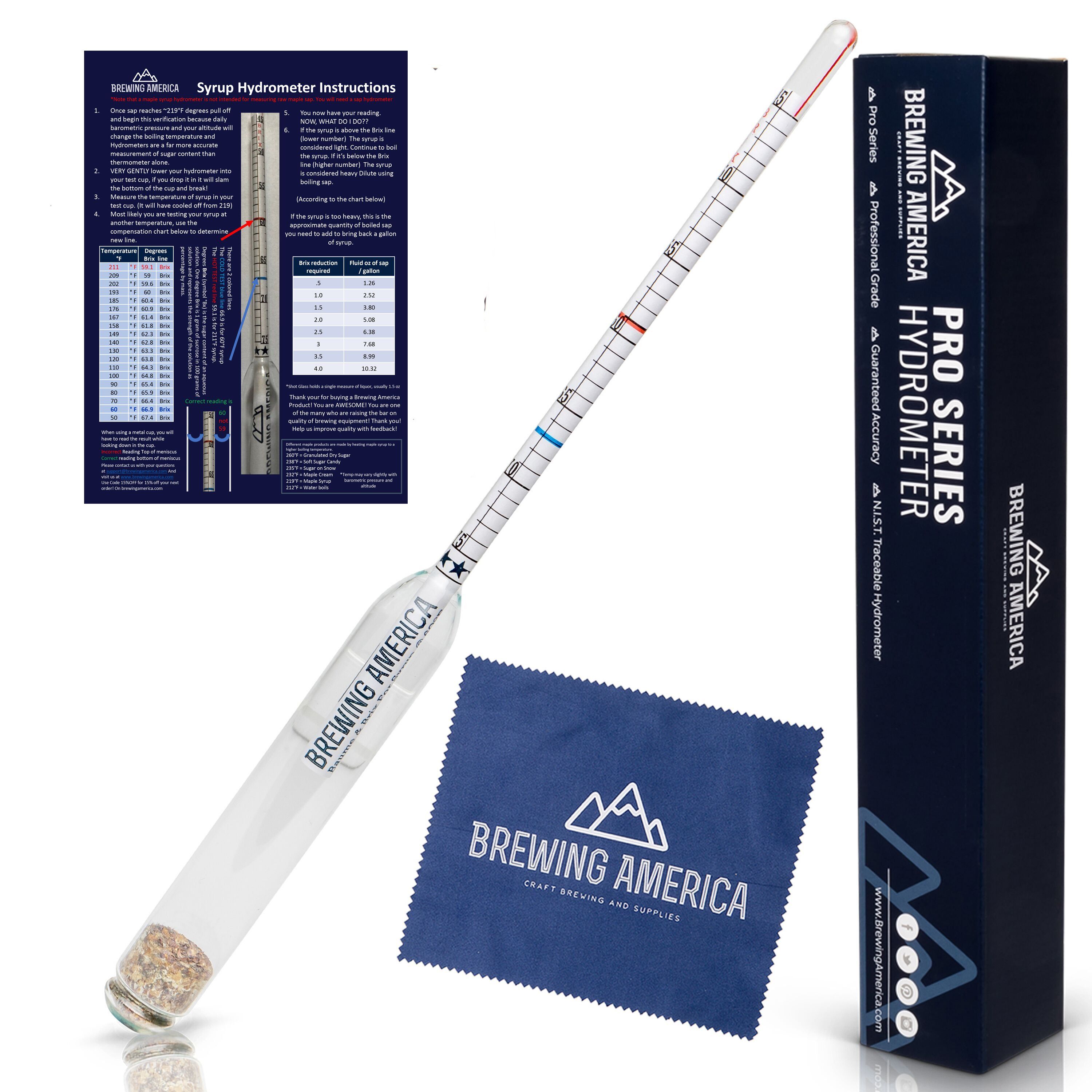 American-Made Syrup Hydrometer Density Meter for Sugar and Maple Syrup - Baume and Brix Scale Single Hydrometer Brewing America