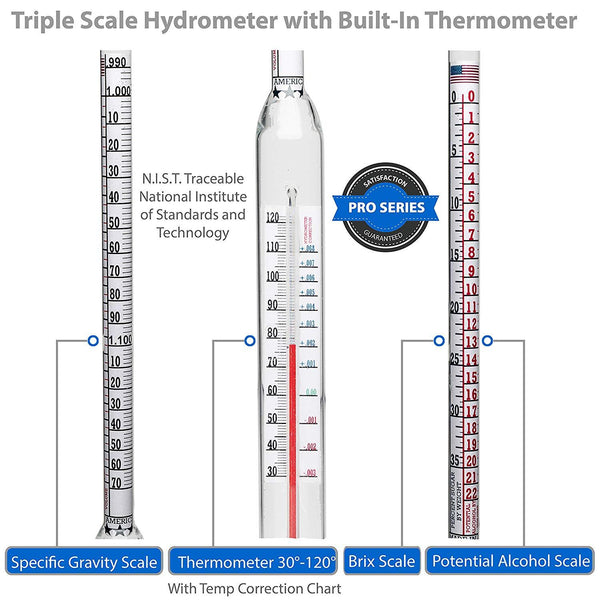 Thermo-Hydrometer ABV Tester Triple Scale American-made Specific Gravity Hydrometer Thermometer KIT Brewing America