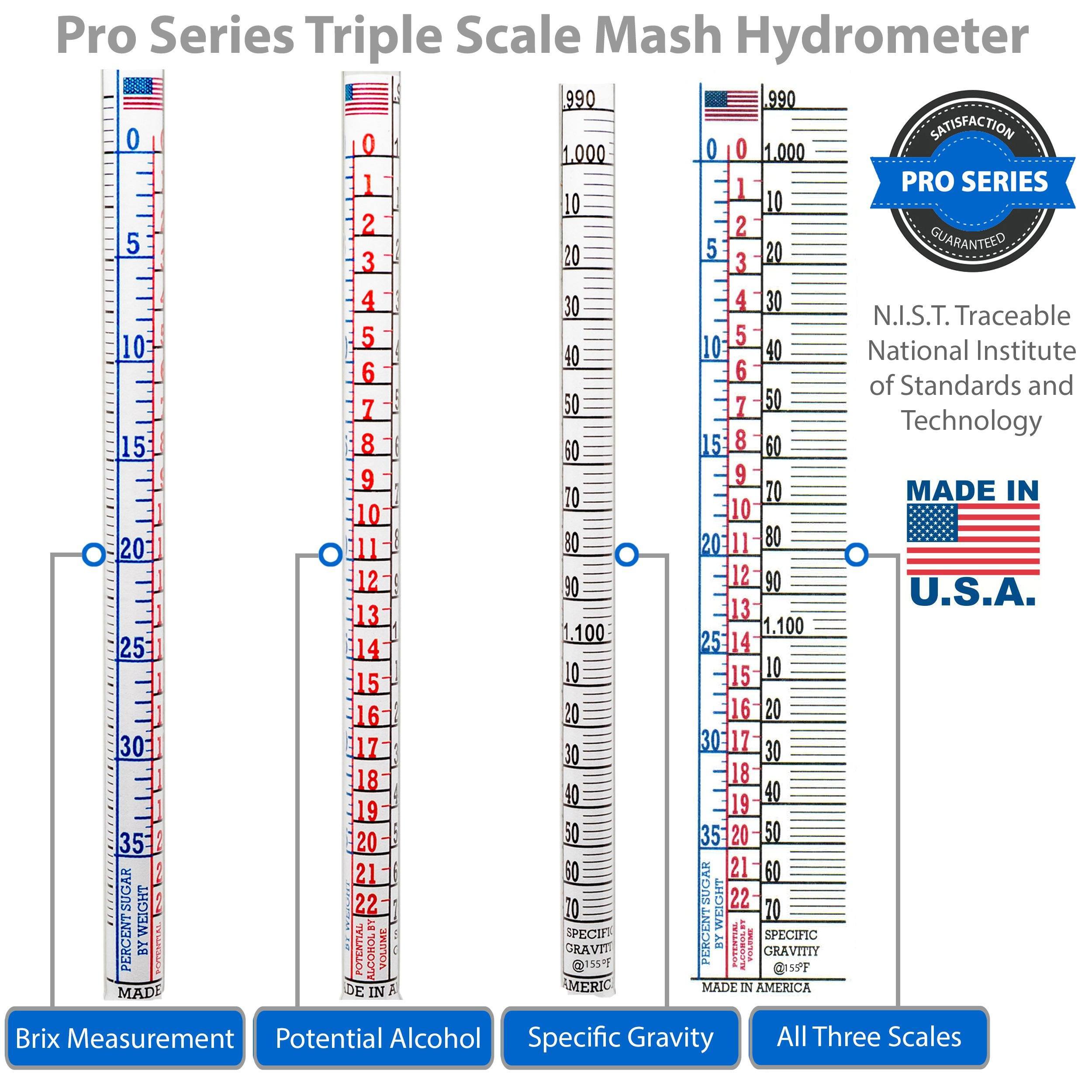 American-Made Beer Mashing Hydrometer Calibrated at 155 Degrees Fahrenheit - Specific Gravity Pro Series Brewing Triple Scale Single Hydrometer Brewing America