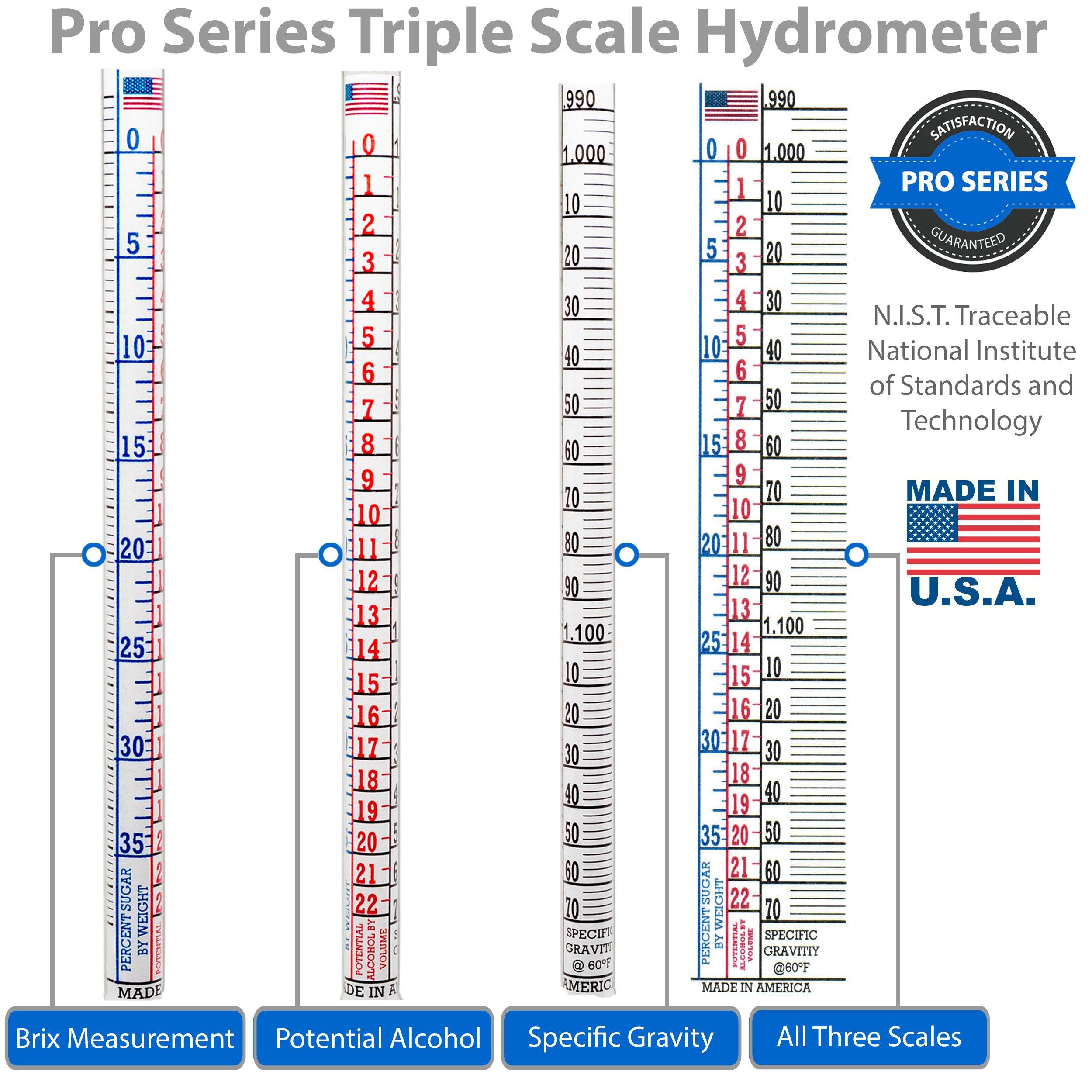 American-Made Specific Gravity Hydrometer Alcohol Tester Pro Series Brewing ABV Testing Triple Scale Single Hydrometer Brewing America