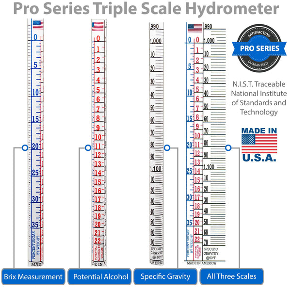 American-Made Specific Gravity Hydrometer Alcohol Tester Pro Series Brewing ABV Testing Triple Scale Single Hydrometer Brewing America