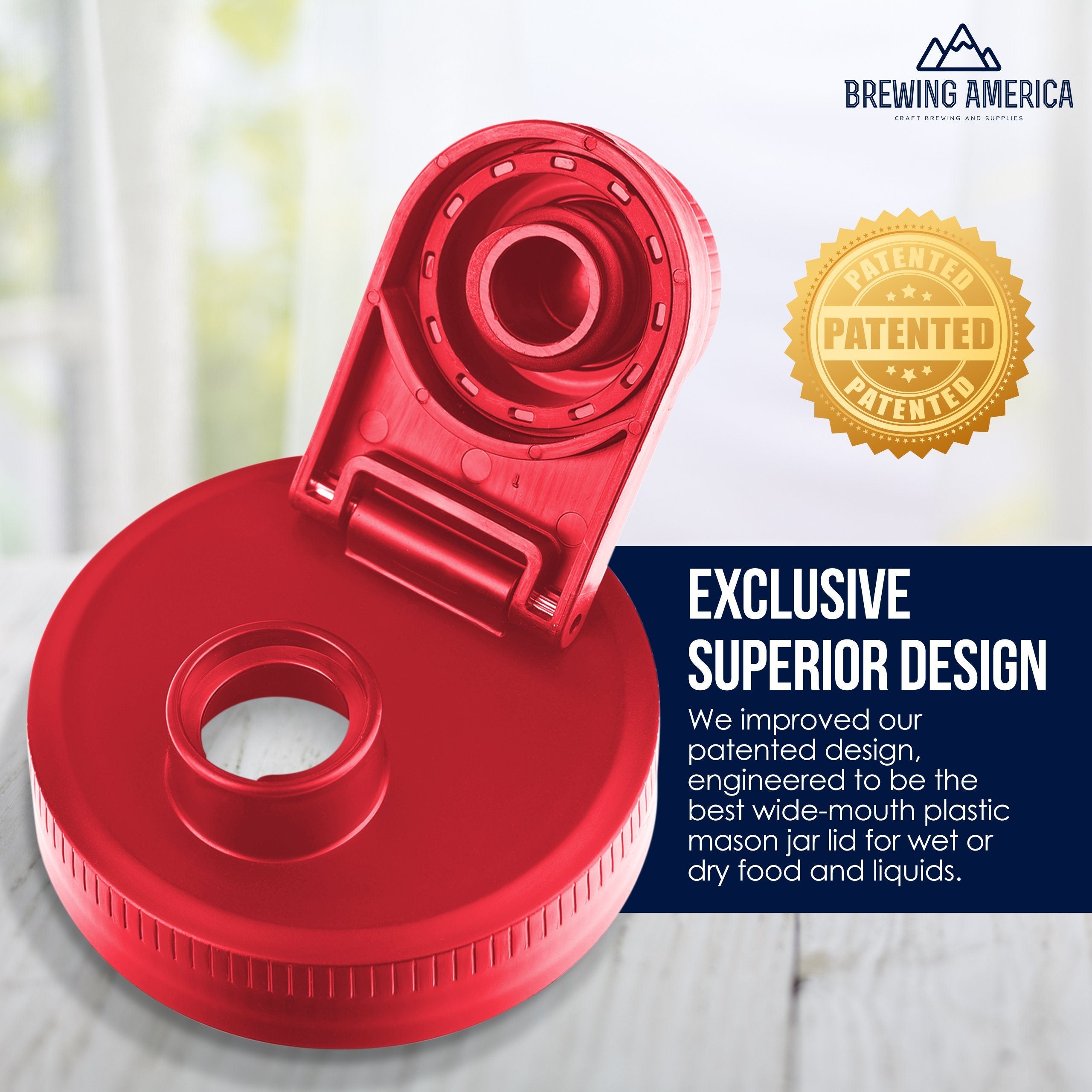 Mason Jar Lids Wide Mouth Plastic 4 Pack Leak Proof with Flip Cap Pouring Spout & Drink Hole Old Glory Red Accessories Brewing America