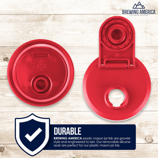 Mason Jar Lids Wide Mouth Plastic 4 Pack Leak Proof with Flip Cap Pouring Spout & Drink Hole Old Glory Red Accessories Brewing America