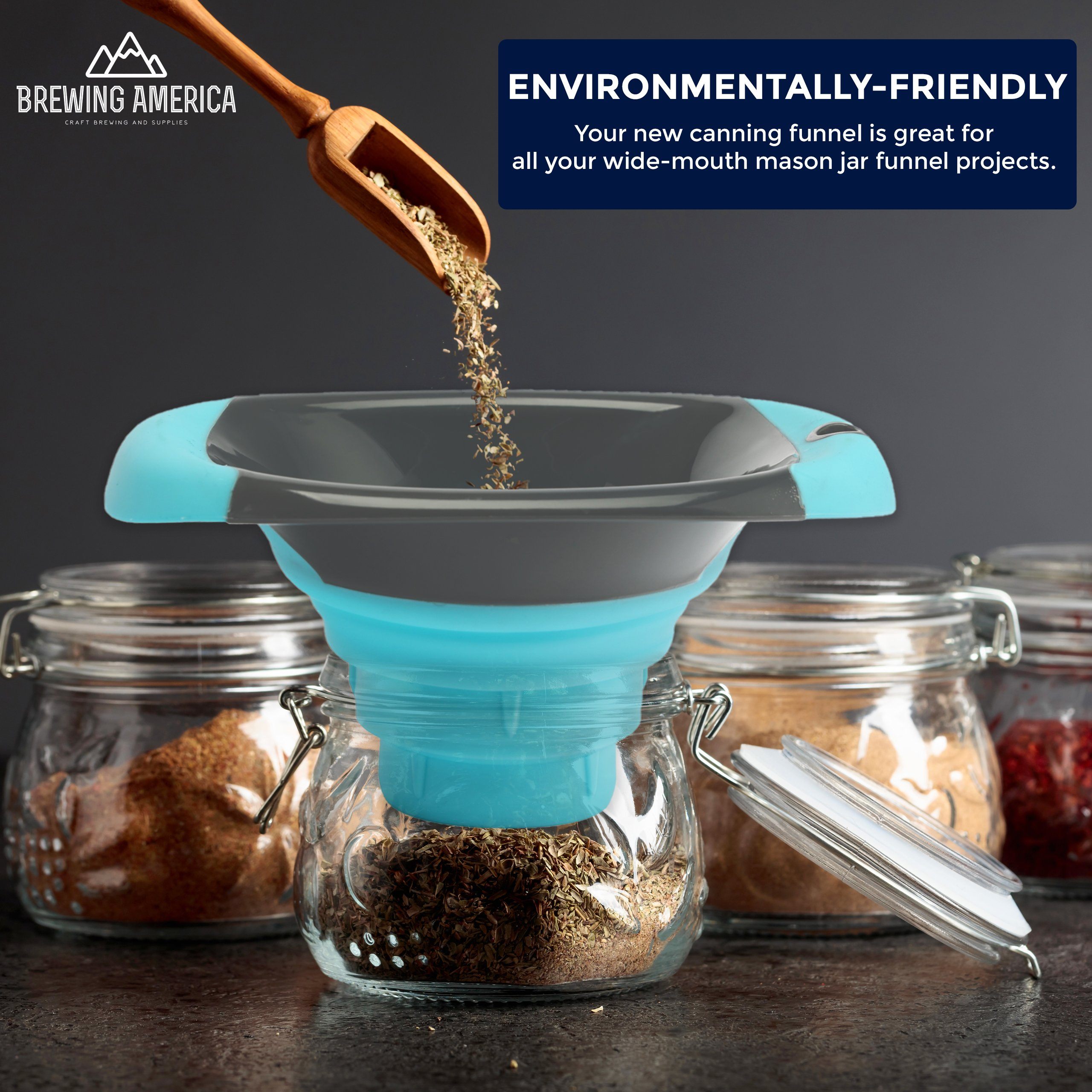Kitchen Canning Funnel - Wide Mouth Mason Jars Collapsible Silicone for Food, Coffee, Jams - Teal Accessories Brewing America