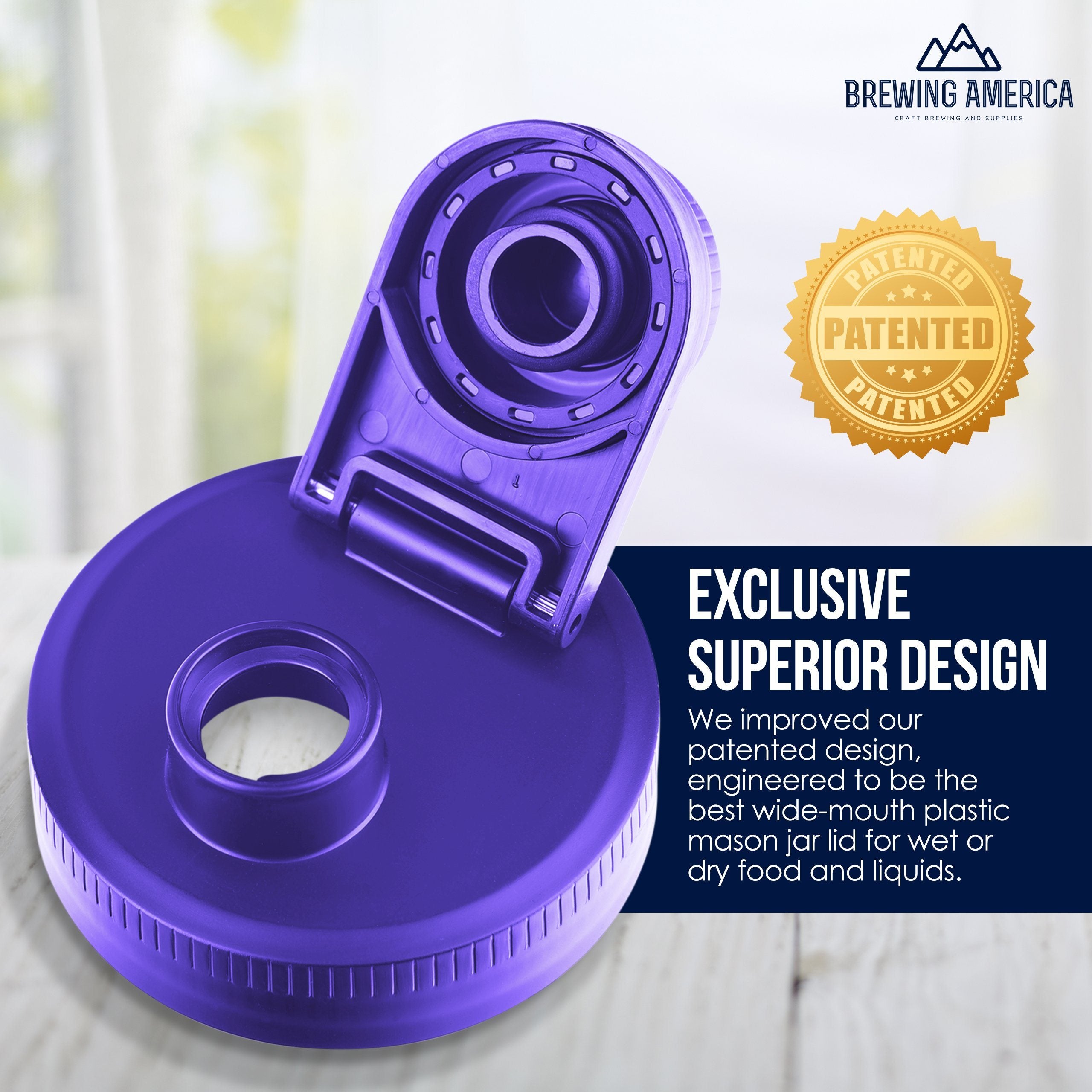Mason Jar Lids Wide Mouth Plastic 4 Pack Leak Proof with Flip Cap Pouring Spout & Drink Hole Violet Purple Accessories Brewing America