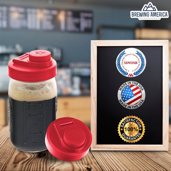 Mason Jar Lids Wide Mouth Plastic 4 Pack Leak Proof with Flip Cap Pouring Spout & Drink Hole Old Glory Red Accessories Brewing America
