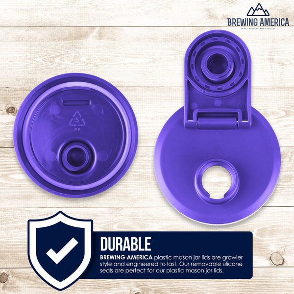 Mason Jar Lids Wide Mouth Plastic 4 Pack Leak Proof with Flip Cap Pouring Spout & Drink Hole Violet Purple Accessories Brewing America