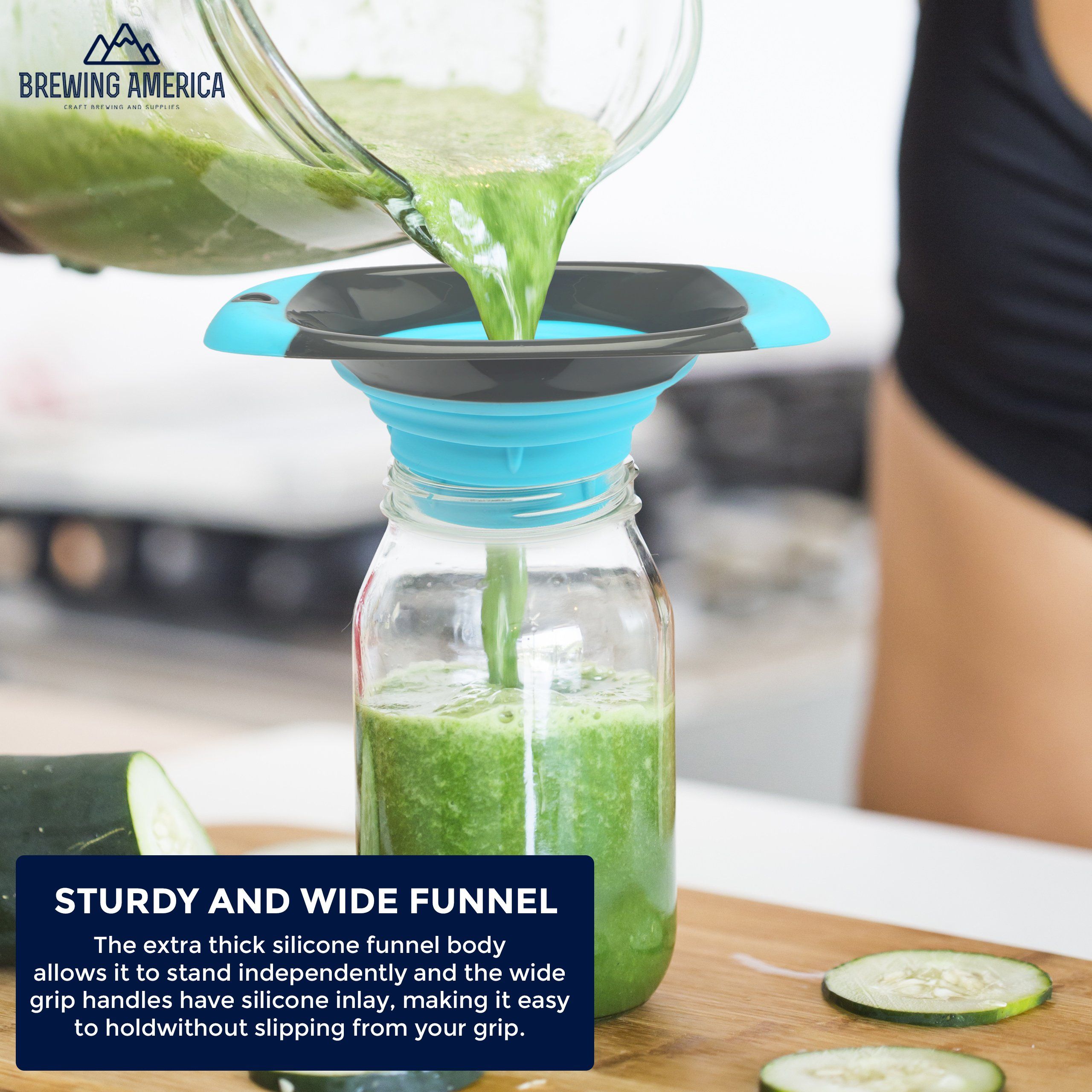 Kitchen Canning Funnel - Wide Mouth Mason Jars Collapsible Silicone for Food, Coffee, Jams - Teal Accessories Brewing America