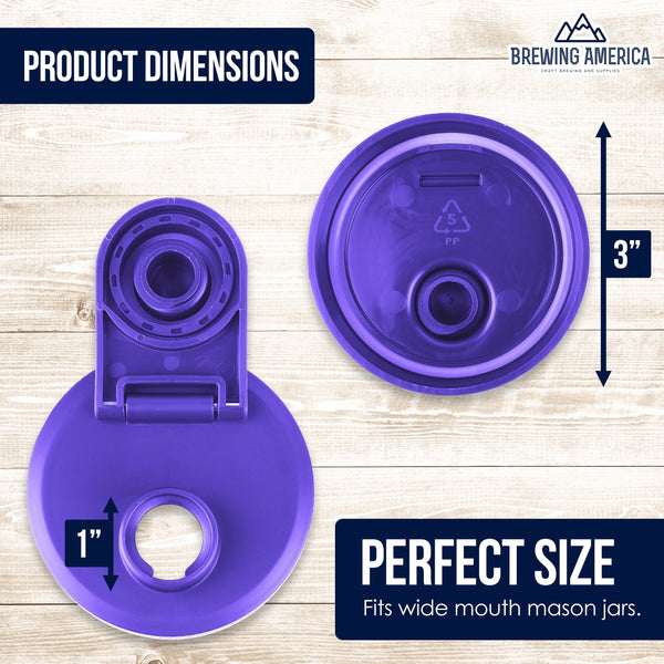 Mason Jar Lids Wide Mouth Plastic 4 Pack Leak Proof with Flip Cap Pouring Spout & Drink Hole Violet Purple Accessories Brewing America