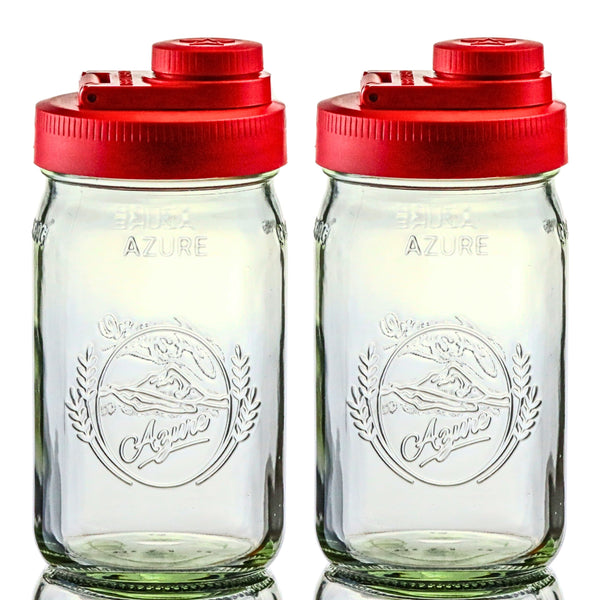 Glass Mason Jar Pitcher with Pour Lids - Azure Standard Jars, 1 Quart (32 oz) Wide Mouth, Old Glory Red 2-Pack Mason Jars - Medium Brewing America 