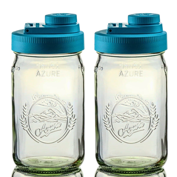Glass Mason Jar Pitcher with Pour Lids - Azure Standard Jars, 1 Quart (32 oz) Wide Mouth, Teal 2-Pack - ON SALE Mason Jars - Medium Brewing America 