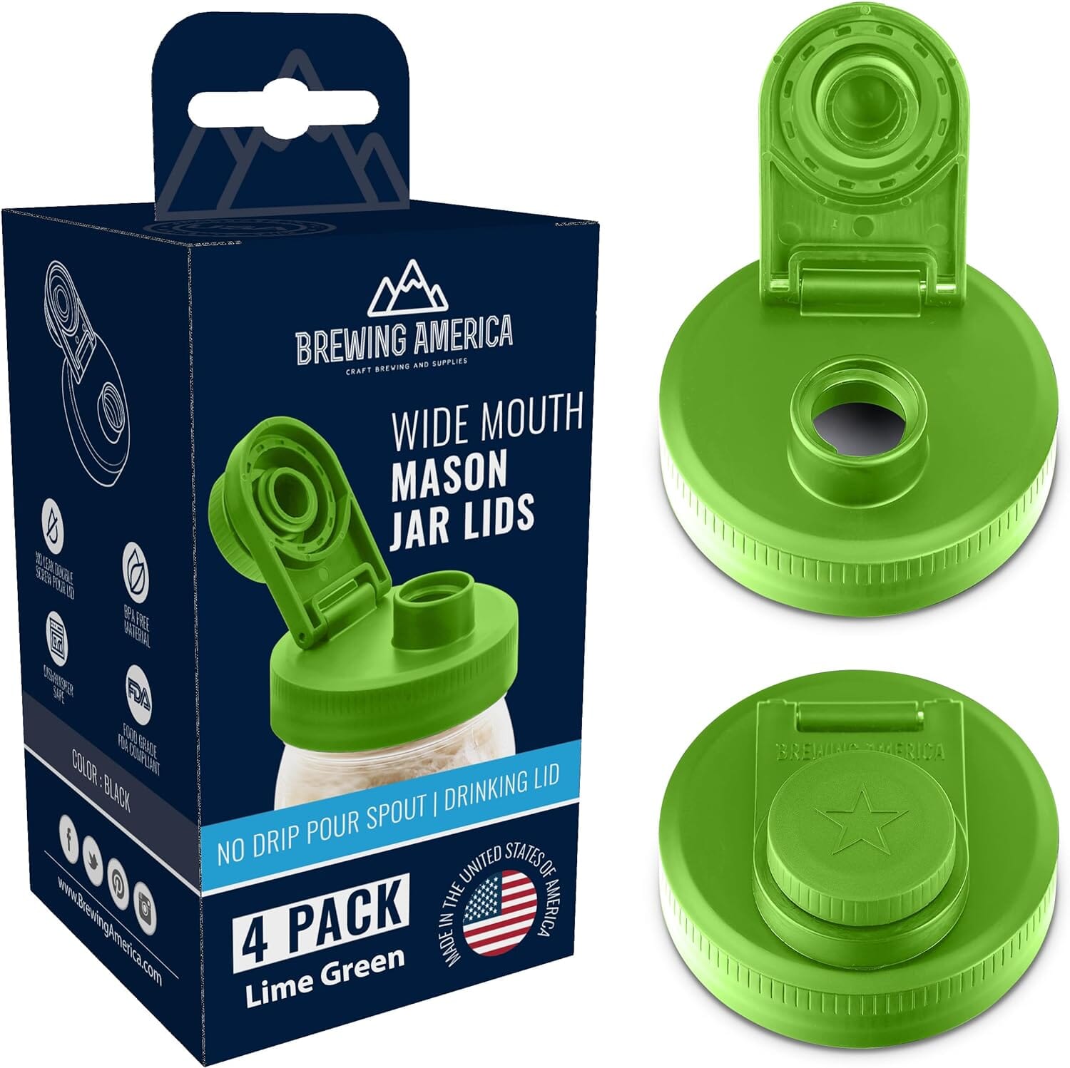 Mason Jar Lids Wide Mouth Plastic 4 Pack Leak Proof with Flip Cap Pouring Spout & Drink Hole - Lime Green Accessories Brewing America 