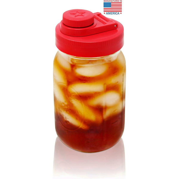 Glass Mason Jar Pitcher with Lid - Ball Jar, 1 Quart (32 oz) with Red Wide Mouth Mason Jar Pour Lid Serving Pitchers & Carafes Brewing America 