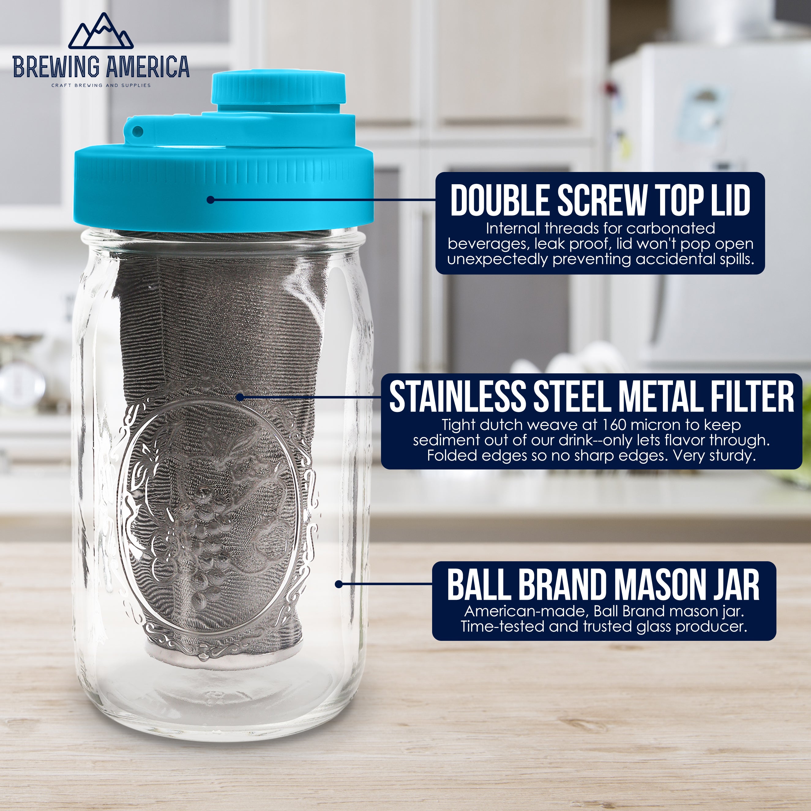 Cold Brew Coffee Maker Kit: Wide Mouth for Coffee, Infused Tea, Alcohol - 1 Quart 32 oz Teal Lid Cold Brew Coffee Maker Brewing America 