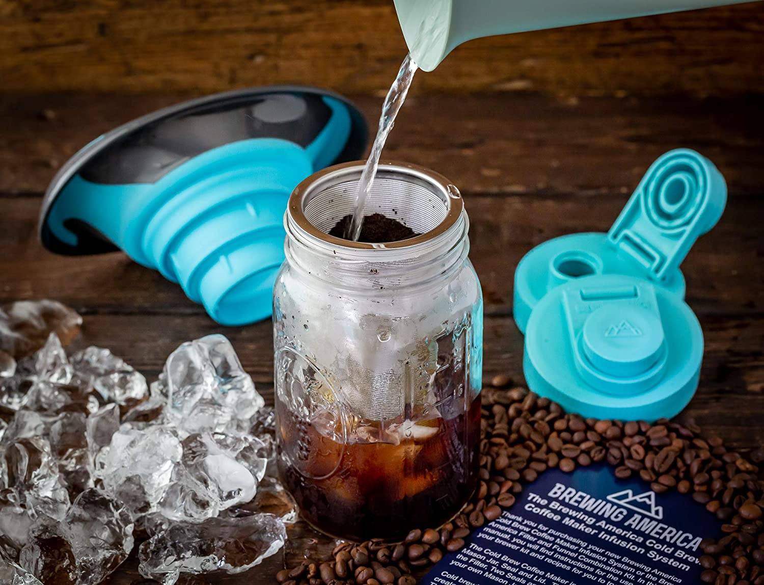 Cold Brew Coffee Maker Kit: Wide Mouth Mason Jar, Filter and Funnel for Clean Brewing and Infused Tea - 2 Quart Teal Lid Brewing America 