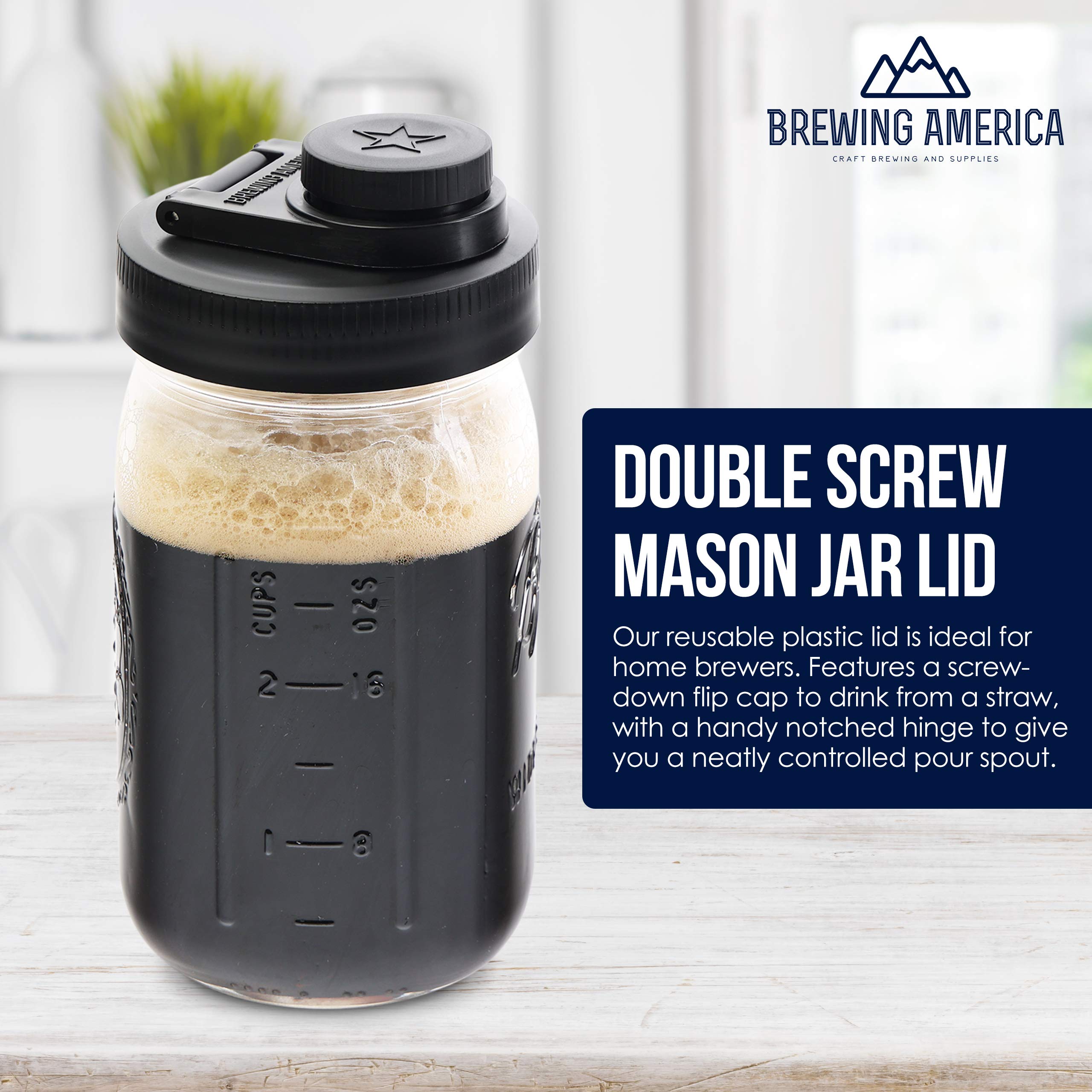 Glass Mason Jar Pitcher with Pour Lids - Ball Jars, 1 Quart (32 oz) Wide Mouth, Black 2-Pack Serving Pitchers & Carafes Brewing America 