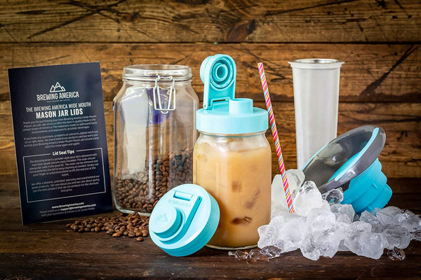 Cold Brew Coffee Maker Kit: Wide Mouth Mason Jar, Filter and Funnel for Clean Brewing and Infused Tea - 2 Quart Teal Lid Brewing America 