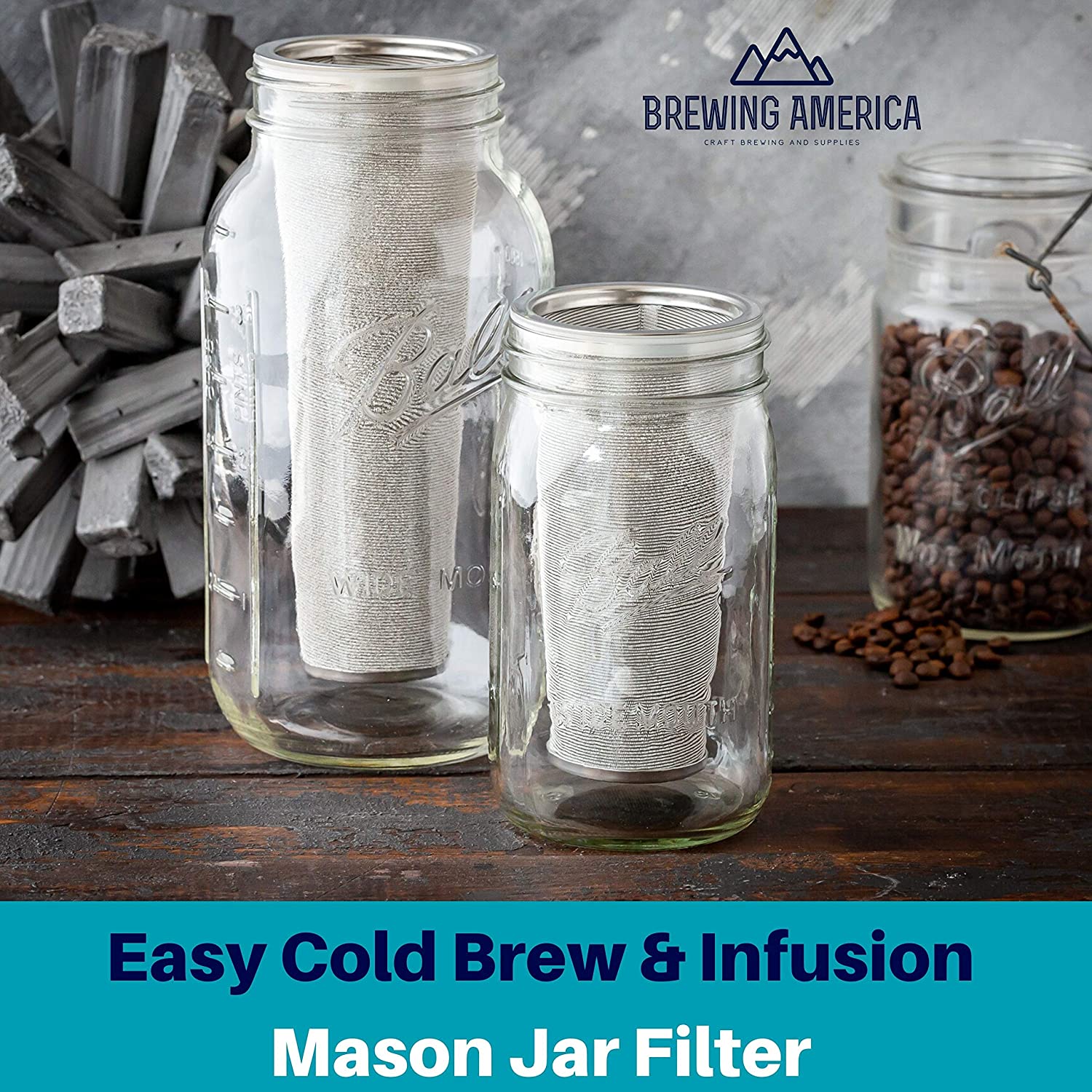Cold Brew Filter for Mason Jar Wide Mouth Coffee Maker, Stainless Steel (1 Quart (32 Ounces), Teal) Accessories Brewing America 