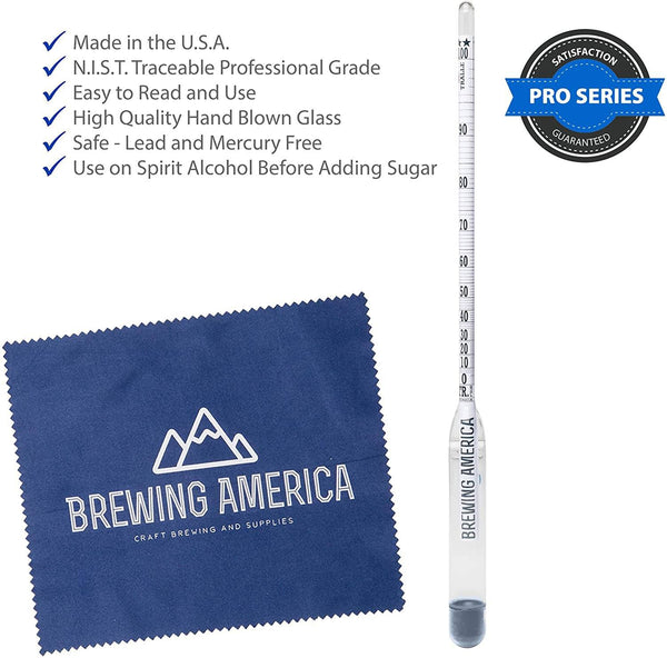 Hydrometer Alcohol Meter Test Kit Distilled Alcohol American-Made 0-200 Proof Pro Series Glass Jar American Hydrometer Test Kits Brewing America 