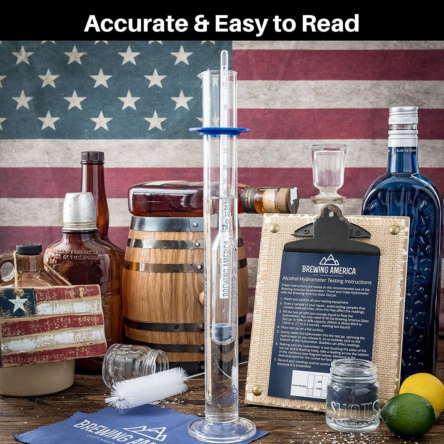 Hydrometer Alcohol Meter Test Kit Distilled Alcohol American-Made 0-200 Proof Pro Series Glass Jar American Hydrometer Test Kits Brewing America 