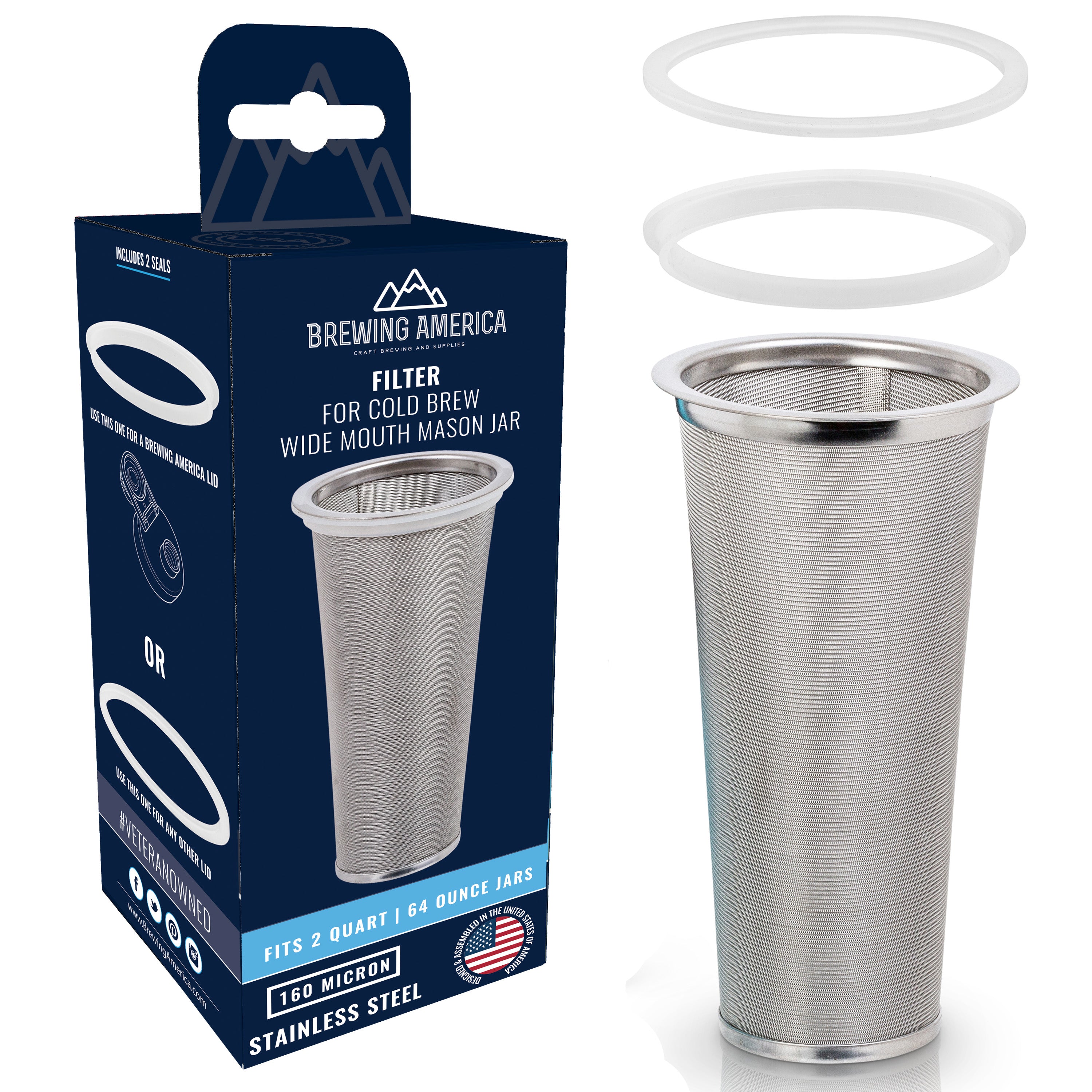 Cold Brew Filter for Mason Jar Wide Mouth Coffee Maker, Stainless Steel (2 Quart (64 Ounces) Accessories Brewing America 