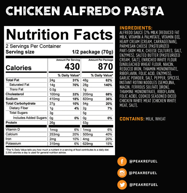 Peak Refuel Chicken Alfredo Pasta - 2 Servings Freeze Dried Food 4.97 oz Prepared Meals & Entrées Brewing America 
