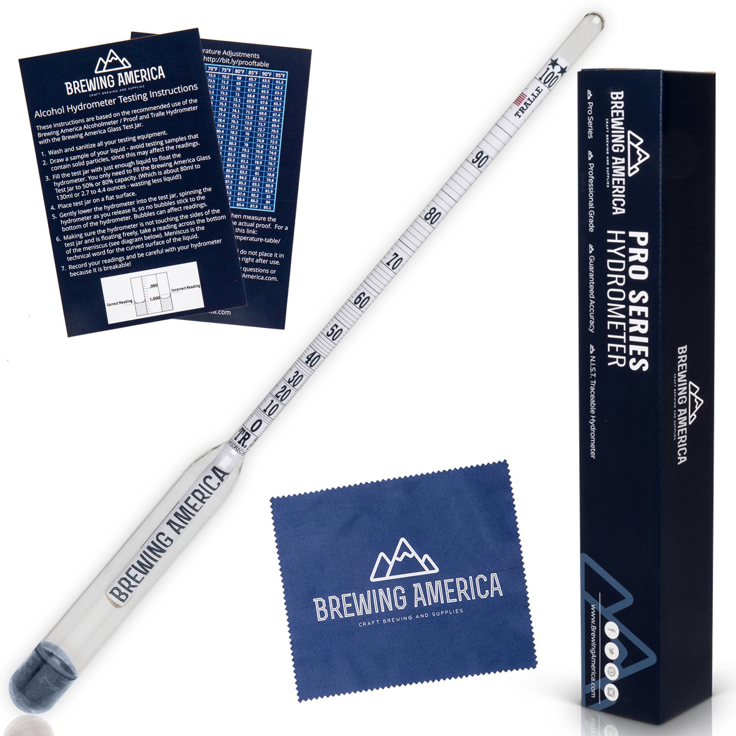 American-Made Alcohol Hydrometer Tester 0-200 Proof & Tralle Pro Series Traceable - For  Distilling