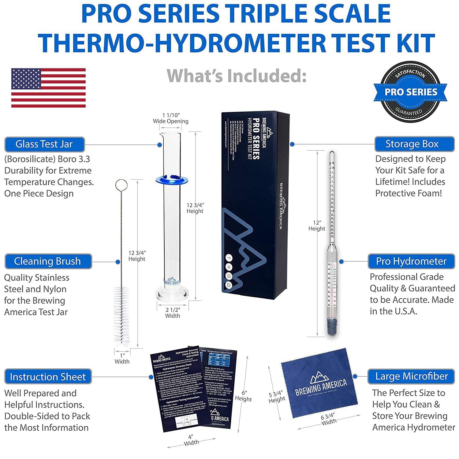 Thermo-Hydrometer ABV Tester Triple Scale American-made Specific Gravity Hydrometer Thermometer KIT American Hydrometer Test Kits Brewing America 
