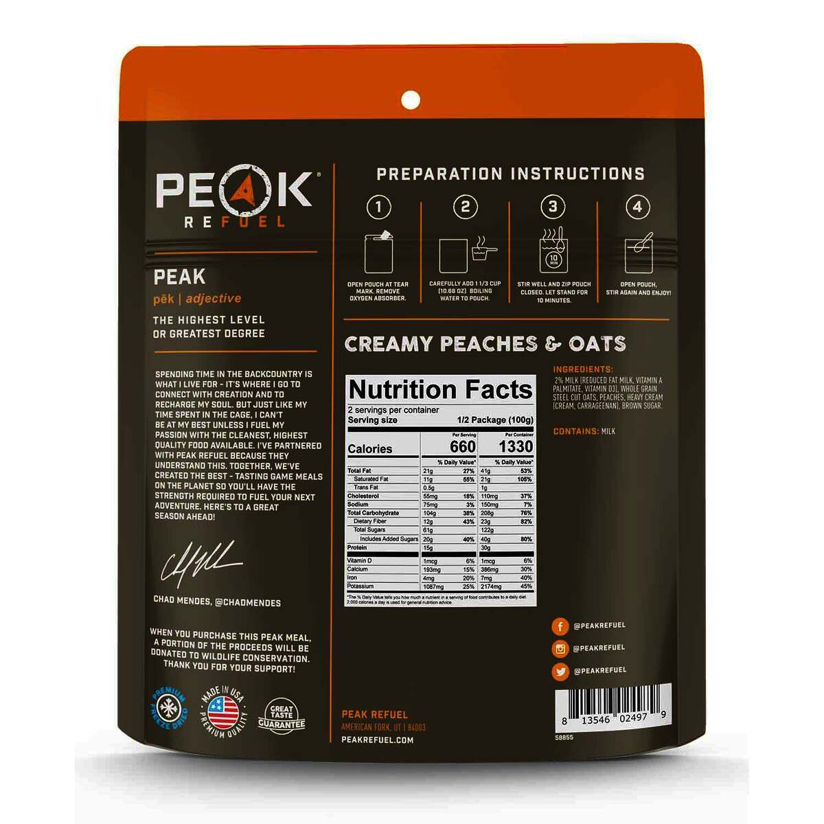 Peak Refuel Chad Mendes Signature Creamy Peaches & Steal Cut Oats Freeze Dried Food 7.05 oz Prepared Meals & Entrées Brewing America 