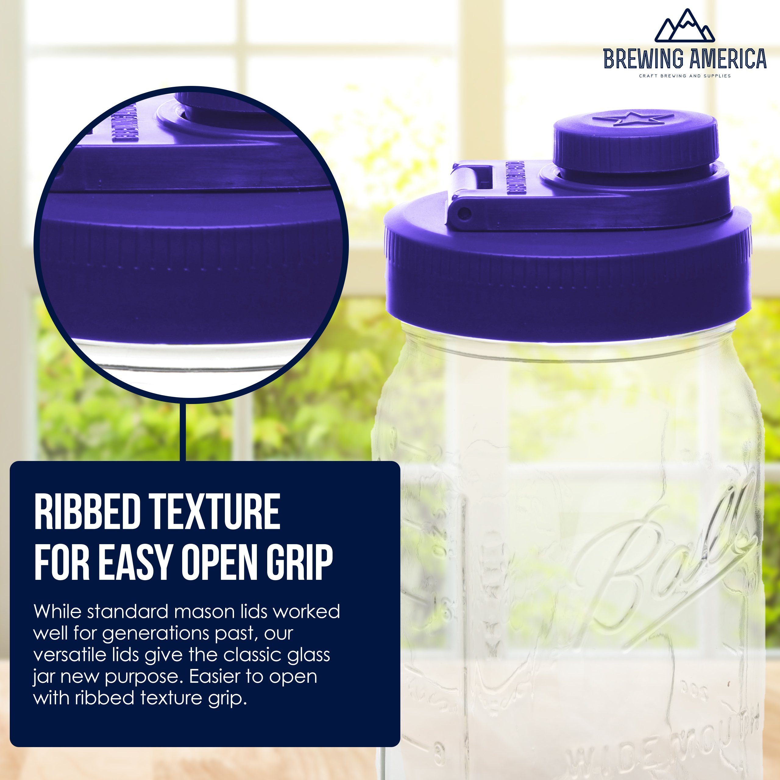 Mason Jar Lids Wide Mouth Plastic 4 Pack Leak Proof with Flip Cap Pouring Spout & Drink Hole Violet Purple Accessories Brewing America 